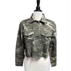 Working Title Denim Camo Frayed Crop Jacket Size Medium NWT